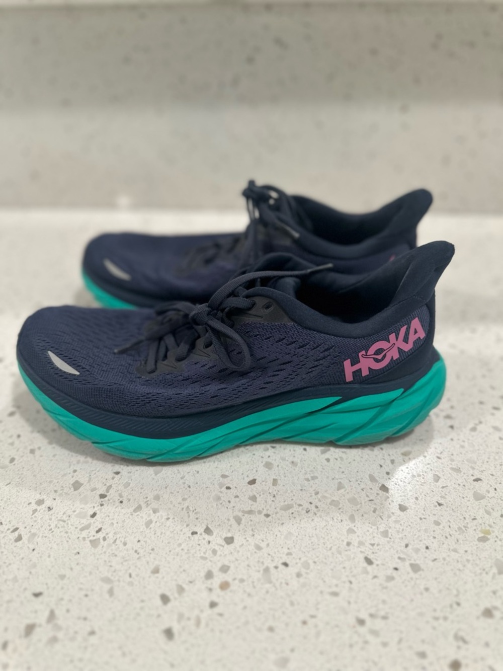 Hoka Women's Navy Blue Teal Running Shoes with Pink Logo - Picture 3 of 15
